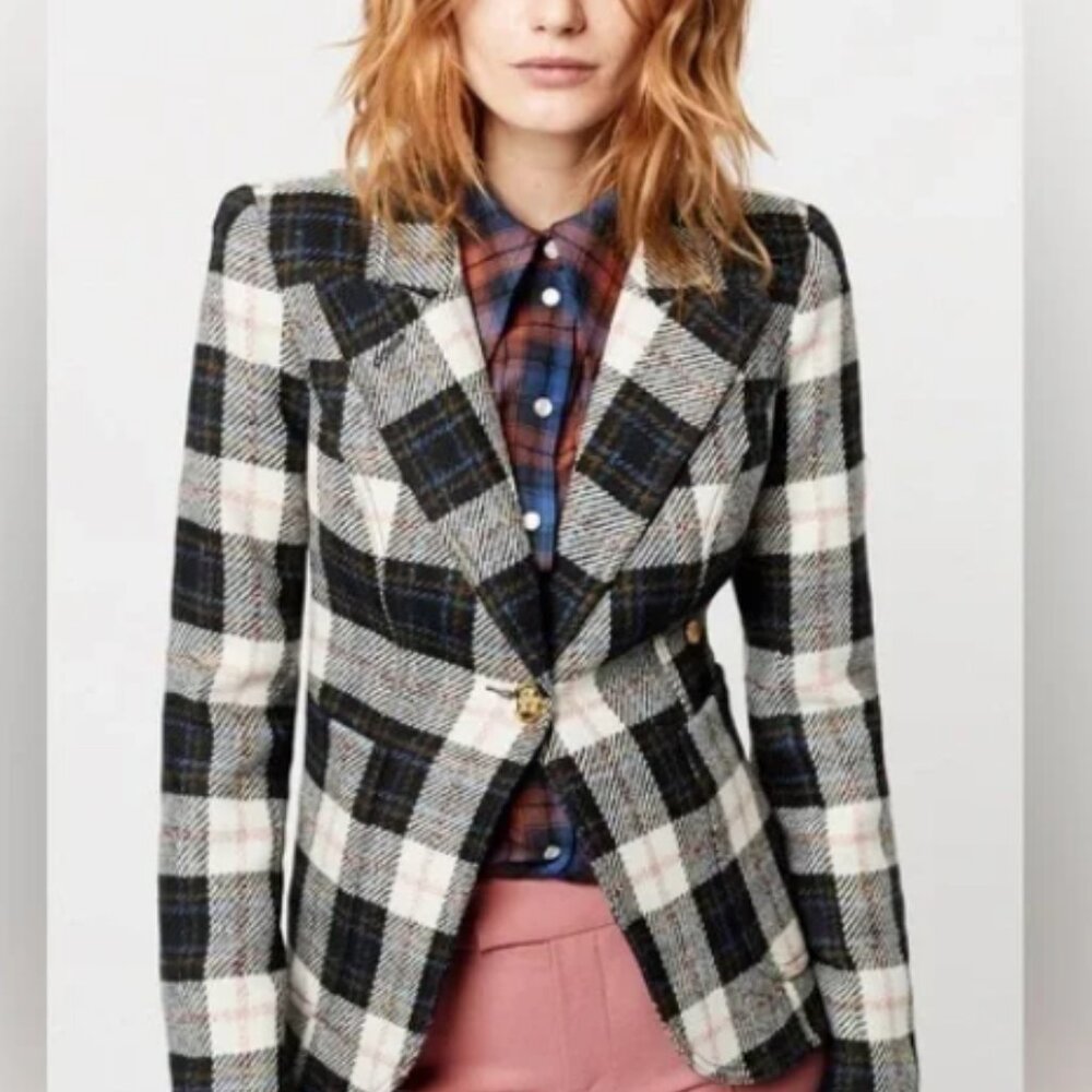 MARC AUREL Ladies plaid blazer 100% wool patch work Blazer Size S